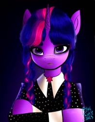 Size: 1074x1368 | Tagged: safe, artist:petaltwinkle, imported from derpibooru, twilight sparkle, pony, alternate hairstyle, bust, clothes, crossover, portrait, solo, the addams family, wednesday (series), wednesday addams, wednesday sparkle