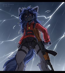 Size: 1594x1791 | Tagged: source needed, safe, artist:kosha, imported from derpibooru, oc, oc only, oc:mattriel, earth pony, pony, semi-anthro, ak-47, assault rifle, bipedal, blue mane, clothes, earth pony oc, garter belt, garters, glowing, glowing eyes, gun, harness, jewelry, lightning, long mane, long mane male, male, necklace, open mouth, rain, red shirt, rifle, shorts, solo, stallion, tack, tired, weapon