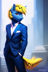 Size: 2048x3072 | Tagged: safe, imported from derpibooru, oc, oc only, oc:thunder lightning, anthro, earth pony, ai content, ai generated, clothes, looking at you, male, smiling, solo, stallion, suit