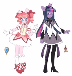 Size: 2691x2837 | Tagged: safe, artist:exxi00, imported from derpibooru, pinkie pie, twilight sparkle, anthro, plantigrade anthro, unicorn, anime, bow, clothes, cosplay, costume, dress, grin, hair bow, homura akemi, looking at you, madoka kaname, magical girl, puella magi madoka magica, simple background, smiling, unamused, unicorn twilight, white background