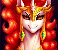 Size: 2675x2304 | Tagged: safe, editor:mr-bat, imported from derpibooru, daybreaker, alicorn, pony, ai content, ai generated, crown, ear fluff, eyebrows, gem, generator:stable diffusion, horn, jewelry, looking at you, pony ears, regalia, slit pupils, smiling, smiling at you, sternocleidomastoid, teeth