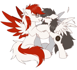 Size: 2000x1800 | Tagged: safe, artist:coarfdraw, imported from derpibooru, oc, oc only, oc:driftbeat, oc:jet blast, pegasus, pony, derpibooru community collaboration, 2023 community collab, bipedal, blushing, boop, colored wings, colored wingtips, feather, fluffy, glasses, happy, jet engine, noseboop, open mouth, open smile, pegasus oc, rolls-royce trent 7000, simple background, sitting, smiling, spread wings, standing on two hooves, transparent background, wingboner, wings