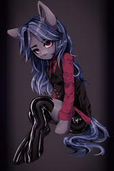 Size: 1942x2903 | Tagged: source needed, safe, artist:tweenstrip, imported from derpibooru, oc, oc only, oc:mattriel, earth pony, semi-anthro, blue mane, clothes, earth pony oc, latex, latex stockings, long mane, long mane male, looking at you, male, necktie, pink eyes, red shirt, shorts, sitting, solo, stallion, stockings, striped background, thigh highs, thighs, two toned mane, waistcoat