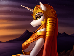 Size: 2048x1536 | Tagged: safe, editor:mr-bat, imported from derpibooru, daybreaker, anthro, ai content, ai generated, breasts, busty daybreaker, egyptian, egyptian headdress, generator:stable diffusion, horn, pony ears, sideboob, wingless