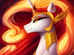 Size: 4096x3072 | Tagged: safe, editor:mr-bat, imported from derpibooru, daybreaker, alicorn, pony, abstract background, ai content, ai generated, armor, egyptian headdress, generator:stable diffusion, gold mane, high res, horn, pony ears, sternocleidomastoid