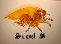 Size: 3627x2639 | Tagged: safe, artist:emilychristman, imported from derpibooru, sunset shimmer, alicorn, pony, alicornified, artificial wings, augmented, flying, magic, magic wings, race swap, shimmercorn, solo, spread wings, traditional art, wings