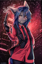 Size: 2007x3052 | Tagged: source needed, safe, artist:tweenstrip, imported from derpibooru, oc, oc only, oc:mattriel, anthro, earth pony, blue mane, brick wall, clothes, fingerless gloves, gloves, gritted teeth, gun, handgun, long mane, long mane male, male, neon, outdoors, pants, raised arm, red eyes, red shirt, revolver, sharp teeth, smoke, snow, snowfall, solo, stallion, standing, street, teeth, waistcoat, weapon