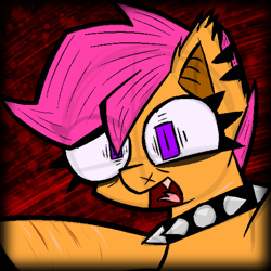 Size: 1104x1104 | Tagged: safe, artist:xxv4mp_g4z3rxx, imported from derpibooru, scootaloo, bat pony, pony, bat ponified, collar, eyeliner, female, filly, foal, makeup, piercing, purple eyes, race swap, scar, scootabat, self harm, self harm scars, smiling, solo, species swap, spiked collar