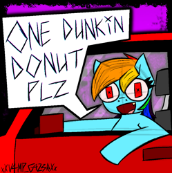 Size: 900x903 | Tagged: safe, artist:xxv4mp_g4z3rxx, imported from derpibooru, rainbow dash, pegasus, pony, car, driving, female, implied dunkin donuts, mare, red eyes, solo, text