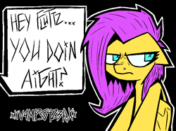 Size: 708x529 | Tagged: safe, artist:xxv4mp_g4z3rxx, imported from derpibooru, fluttershy, pegasus, pony, angry, black background, female, mare, pink mane, signature, simple background, solo, speech bubble, yellow coat