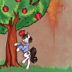 Size: 2048x2048 | Tagged: safe, artist:v-nuz, imported from derpibooru, pony, unicorn, fallout equestria, apple, apple tree, clothes, fallout, fallout equestria: falling ashes, horn, horn impalement, jumpsuit, solo, tree, vault suit