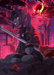 Size: 2000x2741 | Tagged: source needed, safe, artist:redchetgreen, imported from derpibooru, oc, oc only, oc:mattriel, earth pony, pony, annoyed, belt, blood, blood splatter, blood stains, blue mane, chains, city, cityscape, clothes, cloud, crescent moon, earth pony oc, eclipse, flower, full body, golden eyes, gritted teeth, harness, insanity, irritated, jacket, long mane, long mane male, male, melancholy, moon, night, night sky, open mouth, outdoors, pants, pink eyes, profile, red light, red sky, road sign, roof, rooftop, rose, sign, sitting, sky, skyscraper, solo, spire, stallion, stop sign, surreal, tack, teeth, tired, tired eyes, two toned mane
