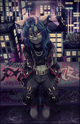 Size: 1905x2960 | Tagged: source needed, safe, artist:tweenstrip, imported from derpibooru, oc, oc only, oc:mattriel, earth pony, semi-anthro, aesthetics, belly, belt, blue mane, chains, city, cityscape, clothes, detailed background, earth pony oc, frown, full body, graffiti, harness, irritated, jacket, long mane, long mane male, looking up, male, neco-arc, neon, night, pants, pink eyes, roof, rooftop, sitting, skyscraper, smoke, solo, spotlight, stallion, tack, tree, two toned mane
