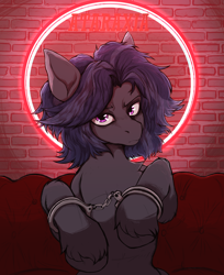 Size: 3400x4167 | Tagged: source needed, safe, artist:tatykin, imported from derpibooru, oc, oc only, oc:mattriel, earth pony, pony, blue mane, brick wall, chest fluff, circle, coach, cuffs, earth pony oc, fluffy, frown, long mane, long mane male, looking at you, male, neon, nimbus, presenting, raised hoof, red background, sign, simple background, sitting, solo, stallion, two toned mane
