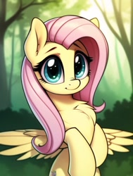 Size: 512x678 | Tagged: safe, editor:omnixious, imported from derpibooru, fluttershy, pegasus, pony, ai content, ai generated, bush, chest fluff, cute, female, forest, generator:novelai, generator:stable diffusion, mare, shyabetes, smiling, solo, spread wings, tree, wings