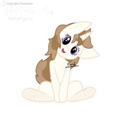 Size: 997x997 | Tagged: artist needed, safe, imported from derpibooru, oc, oc only, oc:fluffymarsh, pony, unicorn, brown mane, cute, female, food, gift art, head tilt, horn, looking at you, mare, marshmallow, purple eyes, silly, silly pony, simple background, sitting, smiling, solo, transparent background, unicorn oc, watermark