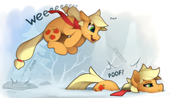 Size: 2500x1432 | Tagged: safe, artist:yakovlev-vad, imported from derpibooru, applejack, earth pony, pony, :t, behaving like a dog, behaving like a fox, clothes, cute, female, hatless, jackabetes, jumping, lacrimal caruncle, mare, missing accessory, motion lines, onomatopoeia, partial background, pounce, scarf, silly, silly pony, slim, snow, solo, stone, thin, tree, tree branch, weeeeeeee, who's a silly pony, windswept mane