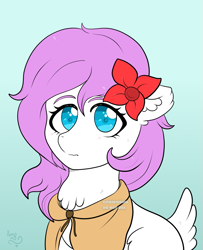 Size: 867x1067 | Tagged: safe, artist:yumomochan, imported from derpibooru, pony, cape, chest fluff, clothes, colored, commission, ear fluff, female, flat colors, flower, flower in hair, fluffy tail, mare, one ear down, solo, tail