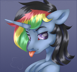 Size: 2000x1875 | Tagged: safe, artist:deadoyster, imported from derpibooru, oc, oc only, oc:öyster blue, pony, unicorn, bust, commission, ears back, gradient background, horn, looking at you, miserable, portrait, simple background, solo, tongue out, unicorn oc, ych result