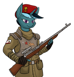 Size: 1702x1774 | Tagged: safe, artist:moonatik, imported from derpibooru, oc, oc only, oc:sol nightshade, anthro, unicorn, anthro oc, armor, belt, beret, canteen, fallout, fallout: new vegas, flag, gun, hat, male, new california republic, rifle, simple background, sniper rifle, solo, stallion, transparent background, weapon