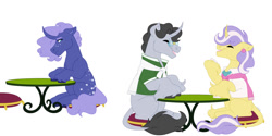 Size: 1280x640 | Tagged: safe, artist:itstechtock, imported from derpibooru, jet set, upper crust, oc, oc:erebus, changepony, pony, unicorn, cushion, offspring, parent:pharynx, parent:princess luna, parents:lunarynx, simple background, table, trio, white background