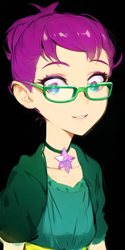 Size: 384x768 | Tagged: safe, editor:luckreza8, imported from derpibooru, grassy knoll (g4), human, equestria girls, ai content, ai generated, anime, black background, female, generator:pinegraph, happy, simple background, solo