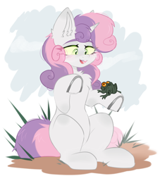 Size: 1000x1100 | Tagged: safe, artist:thieftea, imported from derpibooru, sweetie belle, frog, pony, unicorn, chest fluff, cute, diasweetes, ear fluff, horn, looking at each other, looking at someone, open mouth, open smile, simple background, smiling, solo, two toned mane, underhoof