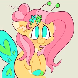 Size: 2048x2048 | Tagged: safe, artist:alexbeeza, imported from derpibooru, fluttershy, original species, pony, 2022, alternate design, alternate hairstyle, antennae, coat markings, colored hooves, female, flower, flower in hair, gossamer wings, looking at you, mare, neck fluff, simple background, solo, spread wings, wings