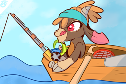 Size: 3000x2000 | Tagged: safe, artist:papacruda09, imported from derpibooru, shanty (tfh), fish, goat, them's fightin' herds, boat, bucket, cloven hooves, community related, concentrating, fishing, fishing rod, ocean, simple background, solo, water