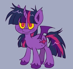 Size: 1636x1543 | Tagged: safe, artist:alexbeeza, imported from derpibooru, twilight sparkle, alicorn, bat pony, bat pony alicorn, pony, 2022, abstract background, alternate cutie mark, bat ponified, bat wings, blush sticker, blushing, colored hooves, fangs, female, fluffy, horn, looking at you, mare, messy mane, race swap, red pupils, simple background, solo, twibat, unshorn fetlocks, wings, yellow sclera