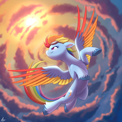 Size: 2000x2000 | Tagged: safe, artist:luminousdazzle, imported from derpibooru, rainbow dash, pegasus, pony, alternate design, belly, chest fluff, cloud, colored, colored wings, ear fluff, female, floppy ears, flying, g4, goggles, goggles on head, gradient wings, grin, high res, hoof fluff, leg fluff, lighting, long tail, mare, raised hooves, shading, smiling, solo, spread wings, tail, turned head, underhoof, unshorn fetlocks, wings