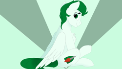 Size: 1920x1080 | Tagged: safe, artist:puginpocket, imported from derpibooru, oc, oc only, oc:herald flame, pegasus, pony, folded wings, green coat, green eyes, green mane, looking back, male, pegasus oc, pony oc, side view, sitting, smiling, solo, stallion, stallion oc, wings