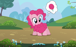 Size: 2560x1600 | Tagged: safe, artist:linkitch, artist:valcron, imported from derpibooru, pinkie pie, earth pony, pony, .ai available, .svg available, biting, cotton candy, cotton candy tail, cute, diapinkes, female, filly, flower, foal, food, nom, pinkie being pinkie, puffy cheeks, silly, silly pony, solo, tail, tail bite, thought bubble, tree, vector, wallpaper