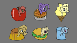 Size: 1920x1080 | Tagged: safe, artist:platinumdrop, imported from derpibooru, applejack, fluttershy, pinkie pie, rainbow dash, rarity, twilight sparkle, food pony, pony, apple, applejack becoming an apple, burger, flan, food, food transformation, hay burger, ice cream, mane six, marshmallow, pie, pinkie pie (form), pudding, request, simple background, smiling, transformation, twilight burgkle