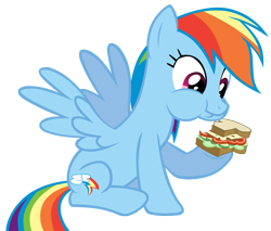 Size: 821x699 | Tagged: safe, artist:meof, imported from derpibooru, rainbow dash, pegasus, pony, a canterlot wedding, eating, female, food, herbivore, hoof hold, mare, puffy cheeks, sandwich, simple background, sitting, solo, spread wings, transparent background, vector, wings