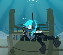 Size: 4500x3959 | Tagged: safe, artist:akififi, imported from derpibooru, oc, oc:guttatus, bat pony, fish, pony, air tank, bat pony oc, boat, dive mask, diving suit, drysuit, flippers (gear), goggles, high res, ocean, scuba diving, scuba gear, ship, solo, swimming, underwater, water, wetsuit, wreck