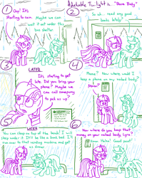 Size: 4779x6013 | Tagged: safe, artist:adorkabletwilightandfriends, imported from derpibooru, lyra heartstrings, twilight sparkle, alicorn, pony, unicorn, comic:adorkable twilight and friends, adorkable, adorkable twilight, bus stop, casual nudity, comic, confused, cute, dork, duo, friendship, hiding, nudity, physics, puddle, rain, shaking, shaking hoof, shelter, sign, sitting, slice of life, smiling, twilight sparkle (alicorn), water, we don't normally wear clothes