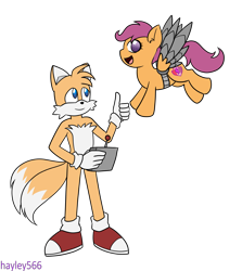 Size: 2381x2665 | Tagged: safe, artist:hayley566, imported from derpibooru, scootaloo, fox, pegasus, pony, amputee, artificial wings, augmented, converse, countershading, crossover, duo, flying, looking at someone, miles "tails" prower, open mouth, open smile, prosthetic limb, prosthetic wing, prosthetics, shoes, simple background, smiling, sonic the hedgehog (series), thumbs up, transparent background, wings
