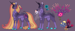 Size: 1280x531 | Tagged: safe, artist:malinraf1615, imported from derpibooru, star tracker, tempest shadow, oc, oc:thaly, earth pony, pony, unicorn, chest fluff, coat markings, colored belly, colored hooves, dark belly, deviantart watermark, female, freckles, horn, male, mare, obtrusive watermark, offspring, parent:star tracker, parent:tempest shadow, parents:tempest tracker, purple background, shipping, simple background, slim, stallion, straight, tempestracker, thin, unicorn oc, unshorn fetlocks, watermark