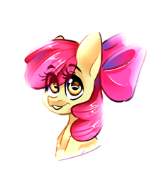 Size: 970x1069 | Tagged: safe, artist:scatcat455, imported from derpibooru, apple bloom, earth pony, pony, bust, female, filly, foal, grin, portrait, simple background, smiling, solo, white background