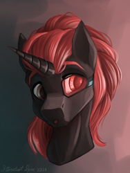 Size: 1500x2000 | Tagged: safe, artist:stardustspix, imported from derpibooru, oc, oc only, oc:protege, pony, unicorn, fallout equestria, fallout equestria: murky number seven, bust, fanfic art, horn, portrait, red and black oc, solo, sternocleidomastoid, unicorn oc