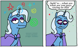 Size: 1461x886 | Tagged: safe, artist:punkittdev, imported from derpibooru, trixie, pony, unicorn, cape, clothes, comic, dialogue, female, glowing, glowing horn, horn, lidded eyes, magic, magic aura, mare, solo, speech bubble, squint, text, trixie's cape