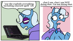 Size: 1545x861 | Tagged: safe, artist:punkittdev, imported from derpibooru, trixie, pony, unicorn, cape, clothes, comic, computer, dialogue, laptop computer, solo, speech bubble, text, trixie's cape