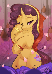 Size: 2440x3432 | Tagged: safe, artist:beardie, imported from derpibooru, saffron masala, pony, unicorn, bipedal, cute, female, flower, g4, high res, lidded eyes, looking at you, mare, one eye closed, solo