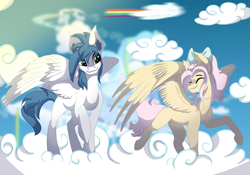 Size: 934x655 | Tagged: safe, artist:brybrychan, imported from derpibooru, oc, oc only, pegasus, pony, cloud, duo, looking back, on a cloud, pegasus oc, raised hoof, smiling, wings