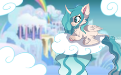 Size: 1934x1200 | Tagged: safe, artist:brybrychan, imported from derpibooru, oc, oc only, alicorn, pony, alicorn oc, cloud, cloudsdale, ear fluff, eyelashes, horn, lying down, on a cloud, prone, solo, story included, wings