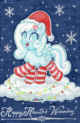 Size: 1764x2688 | Tagged: safe, artist:dandy, imported from derpibooru, oc, oc only, oc:snowdrop, pegasus, pony, candy, candy cane, christmas, christmas lights, clothes, cloud, copic, ear fluff, female, filly, foal, food, hat, holiday, looking at you, night, open mouth, pegasus oc, santa hat, snow, snowfall, snowflake, socks, solo, striped socks, text, traditional art, wings