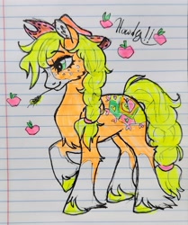 Size: 1825x2185 | Tagged: safe, artist:creeate97, imported from derpibooru, applejack, earth pony, pony, alternate cutie mark, alternate design, braid, braided tail, coat markings, cowboy hat, hat, lined paper, socks (coat markings), solo, stetson, straw in mouth, tail, traditional art, unshorn fetlocks