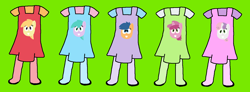 Size: 1547x571 | Tagged: safe, artist:hasbropreschool1983, imported from derpibooru, first base, noi, ruby pinch, sweetie belle, earth pony, pegasus, pony, unicorn, adorabase, alternate mane five, aura (g4), aurabetes, autism, clothes, cute, diasweetes, female, filly, foal, g4, green background, grin, long socks, noiabetes, overalls, pegasus first base, pinchybetes, race swap, shirt, shoes, simple background, smiling, socks, topwear