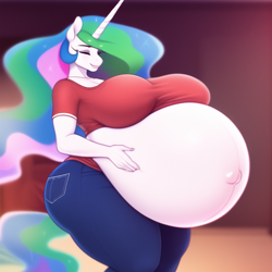 Size: 640x640 | Tagged: safe, editor:rainbowkiller01, imported from derpibooru, princess celestia, anthro, ai content, ai generated, belly button, big breasts, breasts, busty princess celestia, female, huge breasts, hyper, hyper belly, hyper pregnancy, impossibly large belly, outie belly button, preglestia, pregnant, solo